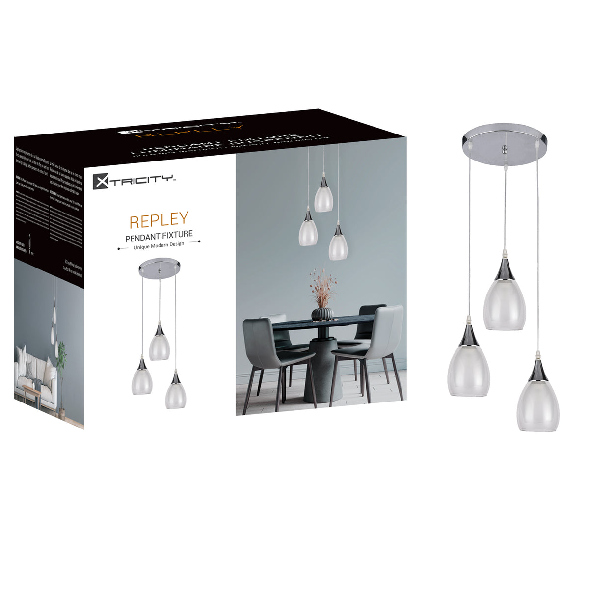 590256 PENDANT FIXTURE 3 LAMP WHITE & CLEAR