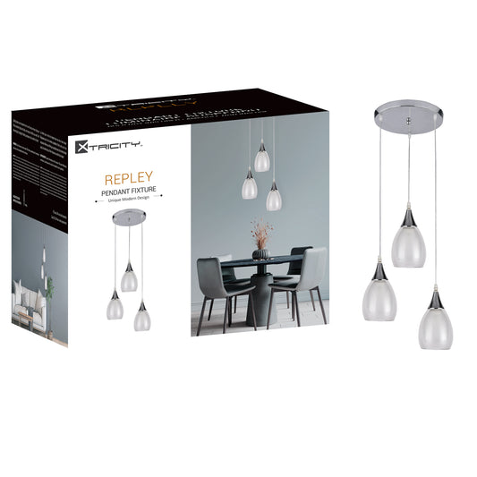 590256 PENDANT FIXTURE 3 LAMP WHITE & CLEAR
