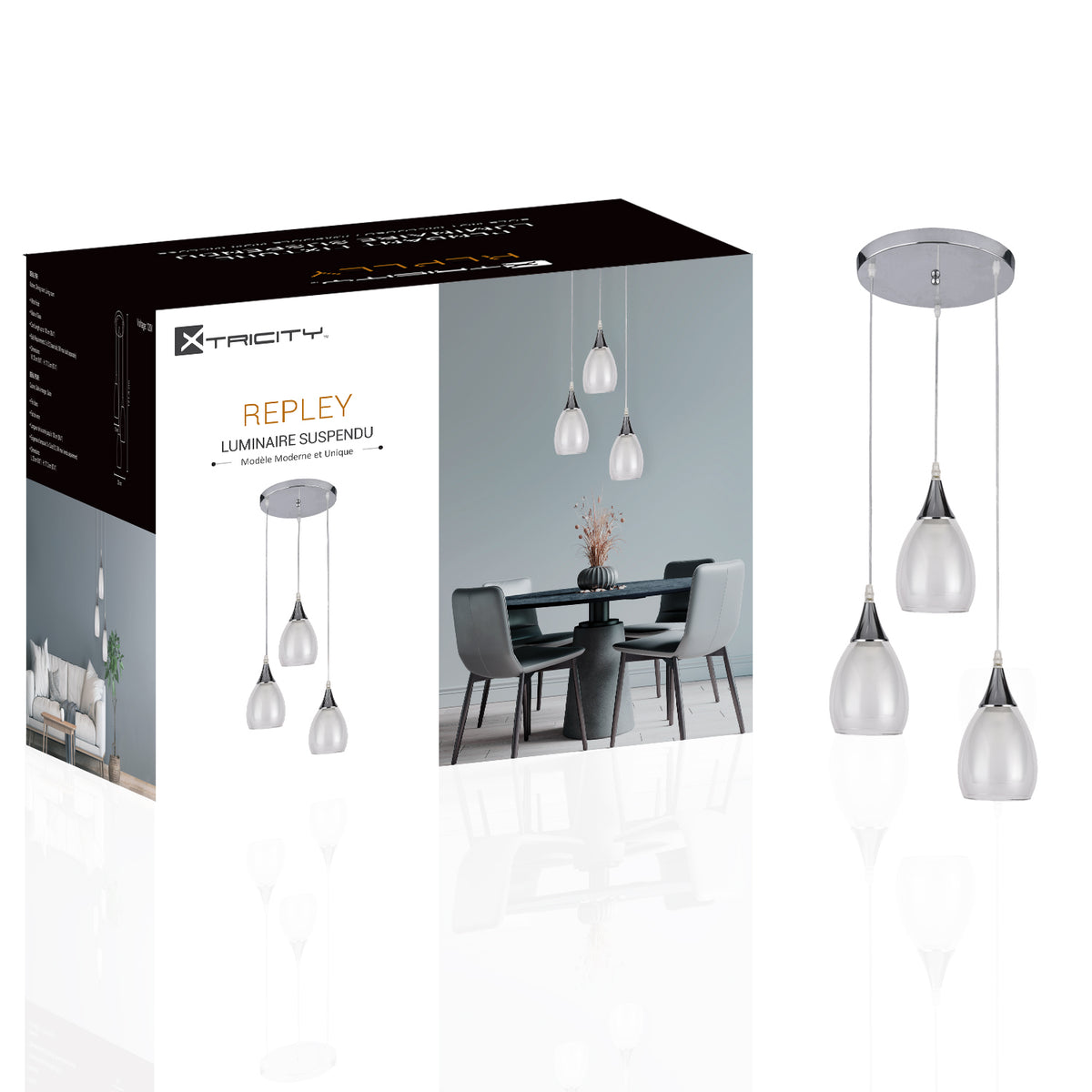 590256 PENDANT FIXTURE 3 LAMP WHITE & CLEAR